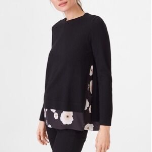 Club Monaco Petrah Merino Wool Black Sweater Floral Chiffon Hem Women's Medium